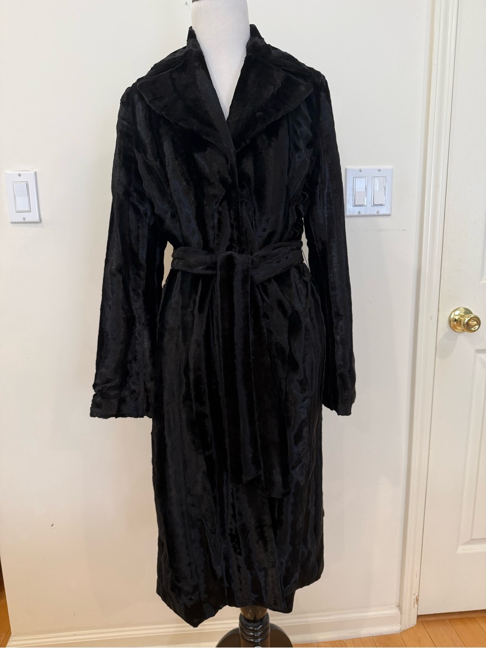 Guess Black Plush Long Coat with Tie Belt